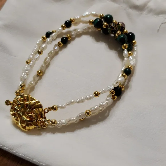 Bohemian Fresh Water Pearl, Malachite,  Cloisonne Bracelet - Picture 4 of 4